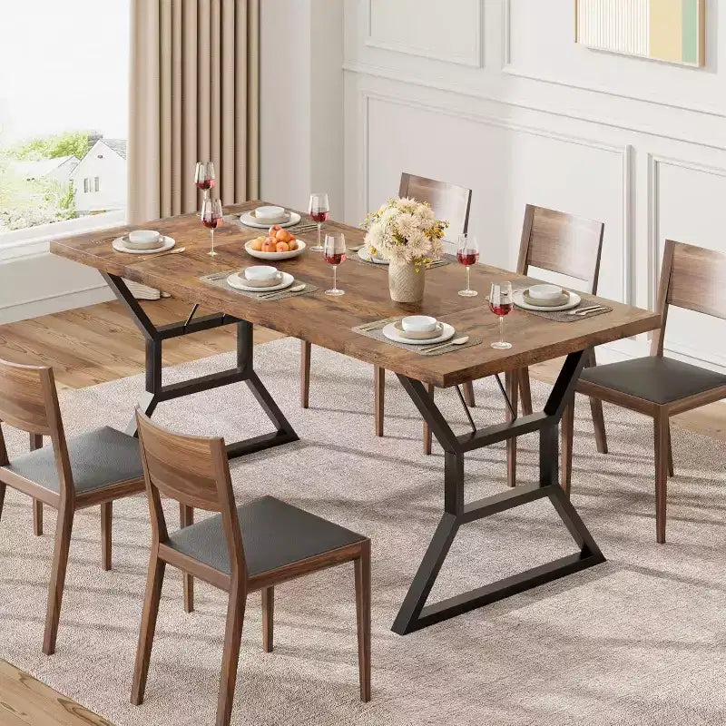 Mesa de comedor larga industrial rústica de 70.9 pulgadas para 6-8 personas, tablero de madera de ingeniería y estructura de hierro, diseño calado para cocina, comedor