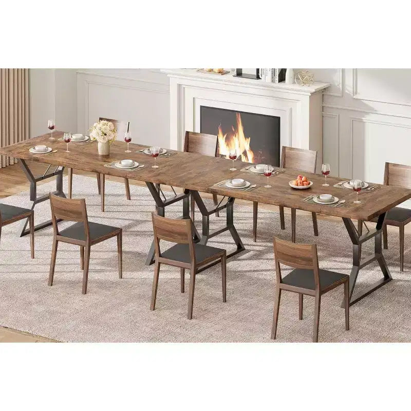 Mesa de comedor larga industrial rústica de 70.9 pulgadas para 6-8 personas, tablero de madera de ingeniería y estructura de hierro, diseño calado para cocina, comedor