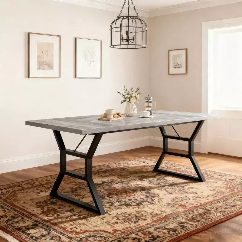 Mesa de comedor larga industrial rústica de 70.9 pulgadas para 6-8 personas, tablero de madera de ingeniería y estructura de hierro, diseño calado para cocina, comedor