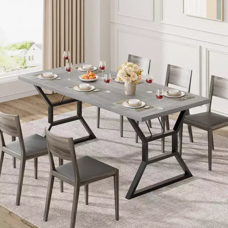 Mesa de comedor larga industrial rústica de 70.9 pulgadas para 6-8 personas, tablero de madera de ingeniería y estructura de hierro, diseño calado para cocina, comedor