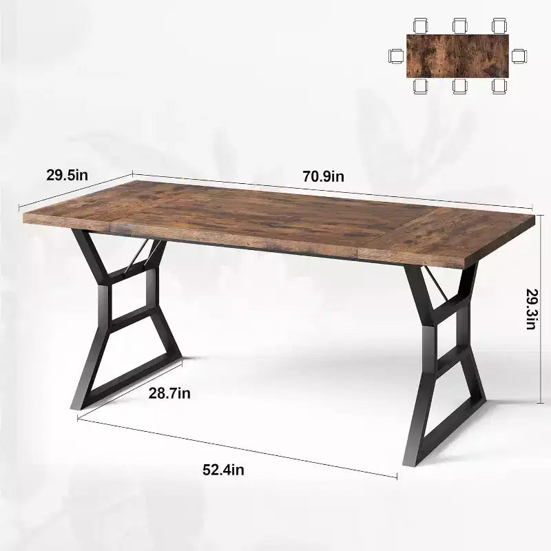 Mesa de comedor larga industrial rústica de 70.9 pulgadas para 6-8 personas, tablero de madera de ingeniería y estructura de hierro, diseño calado para cocina, comedor