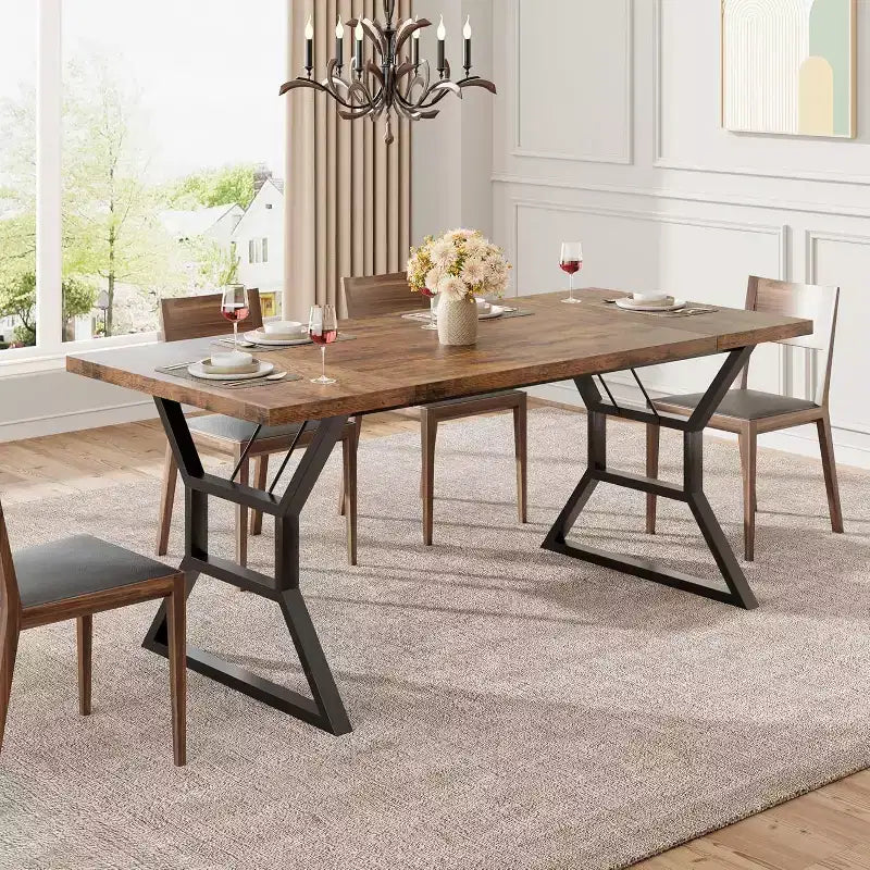 Mesa de comedor larga industrial rústica de 70.9 pulgadas para 6-8 personas, tablero de madera de ingeniería y estructura de hierro, diseño calado para cocina, comedor