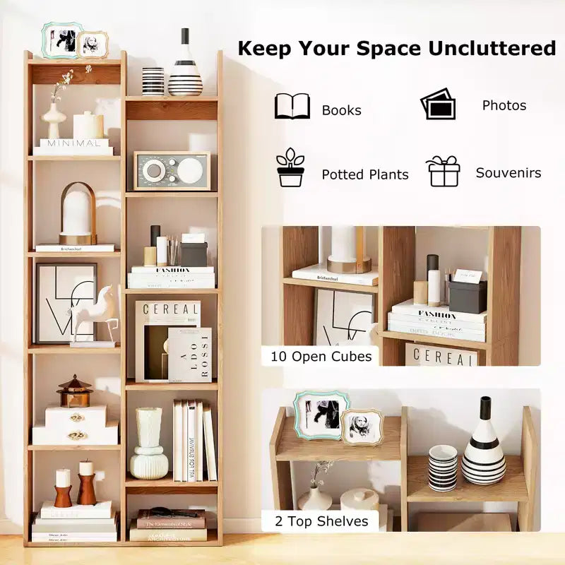 Estantería de 11 niveles Costway con kits antivuelco, estante de exhibición de madera en forma de árbol
