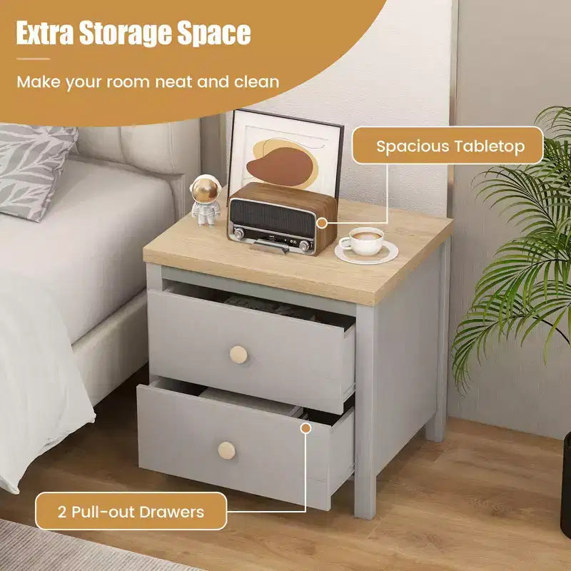 Mesita de noche Costway estilo rústico con patas de madera maciza y 2 cajones para dormitorio