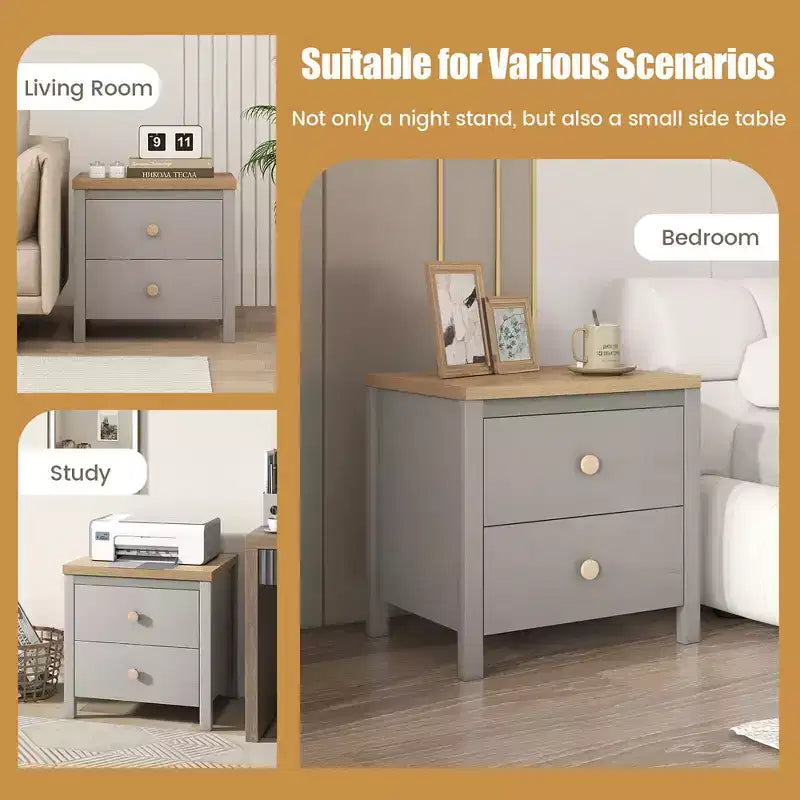 Mesita de noche Costway estilo rústico con patas de madera maciza y 2 cajones para dormitorio