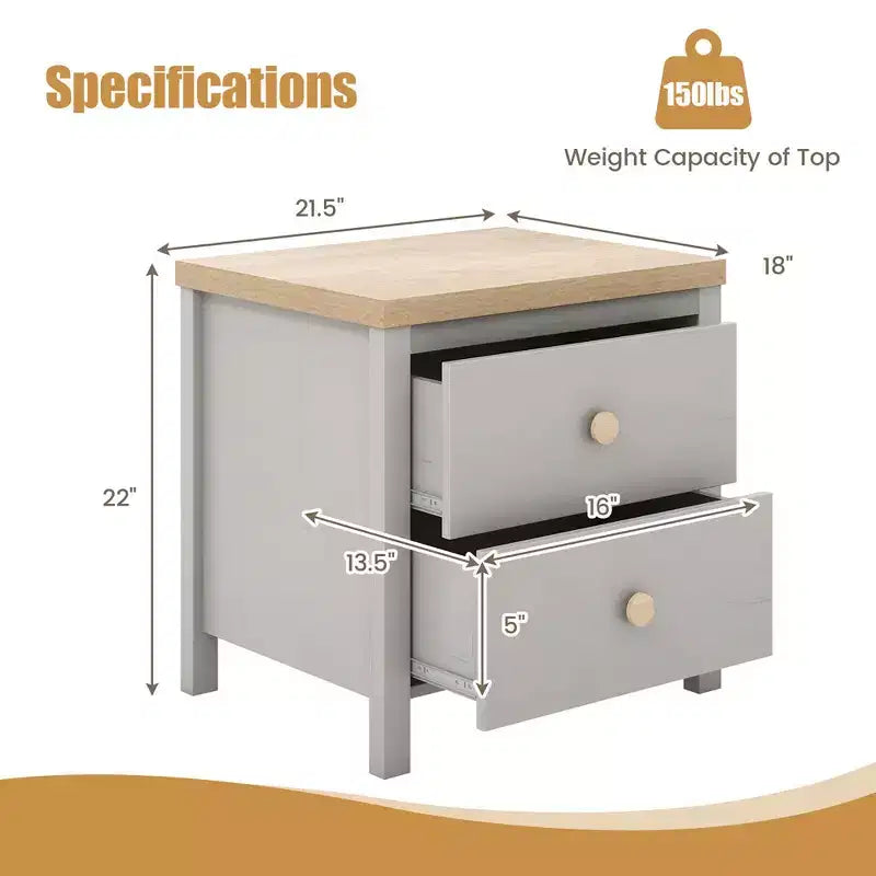 Mesita de noche Costway estilo rústico con patas de madera maciza y 2 cajones para dormitorio