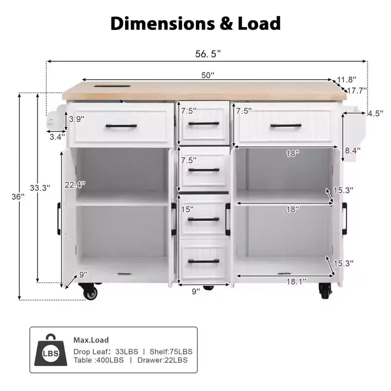 Isla de Cocina con Abatible, Carrito de Cocina Rodante con Ruedas con Puertas, Cajones y Toma de Corriente para Comedor