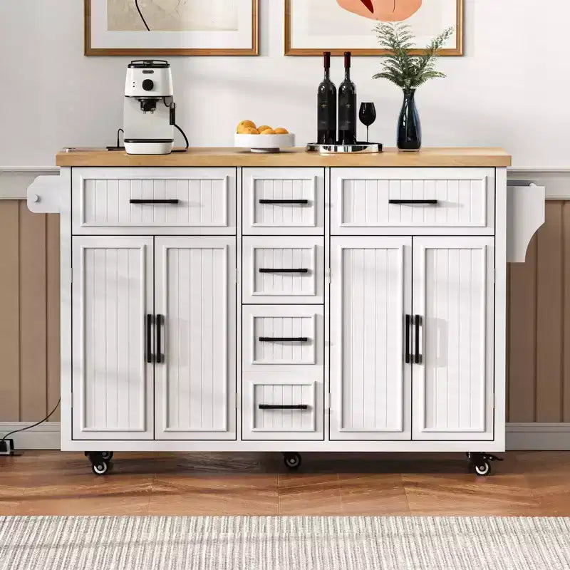 Isla de Cocina con Abatible, Carrito de Cocina Rodante con Ruedas con Puertas, Cajones y Toma de Corriente para Comedor