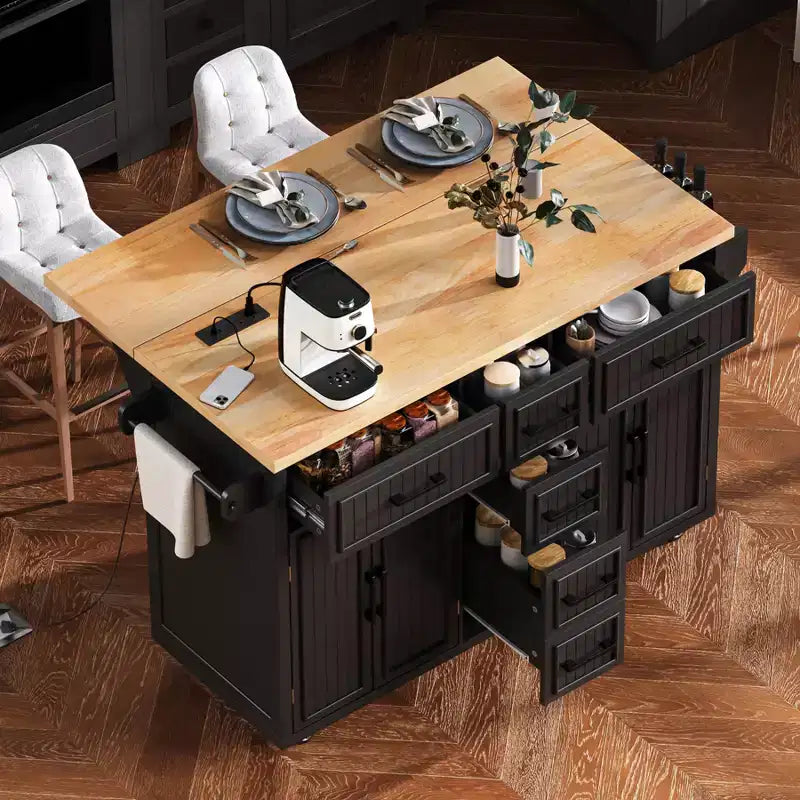Isla de Cocina con Abatible, Carrito de Cocina Rodante con Ruedas con Puertas, Cajones y Toma de Corriente para Comedor