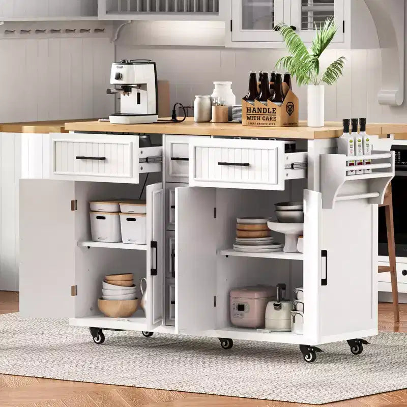 Isla de Cocina con Abatible, Carrito de Cocina Rodante con Ruedas con Puertas, Cajones y Toma de Corriente para Comedor
