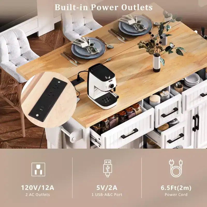 Isla de Cocina con Abatible, Carrito de Cocina Rodante con Ruedas con Puertas, Cajones y Toma de Corriente para Comedor