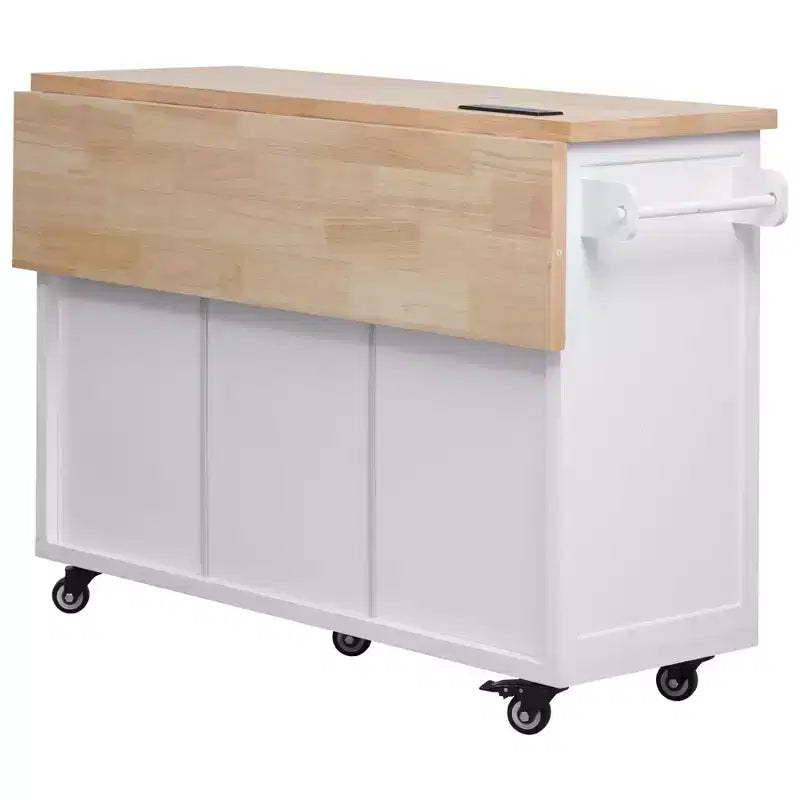 Isla de Cocina con Abatible, Carrito de Cocina Rodante con Ruedas con Puertas, Cajones y Toma de Corriente para Comedor