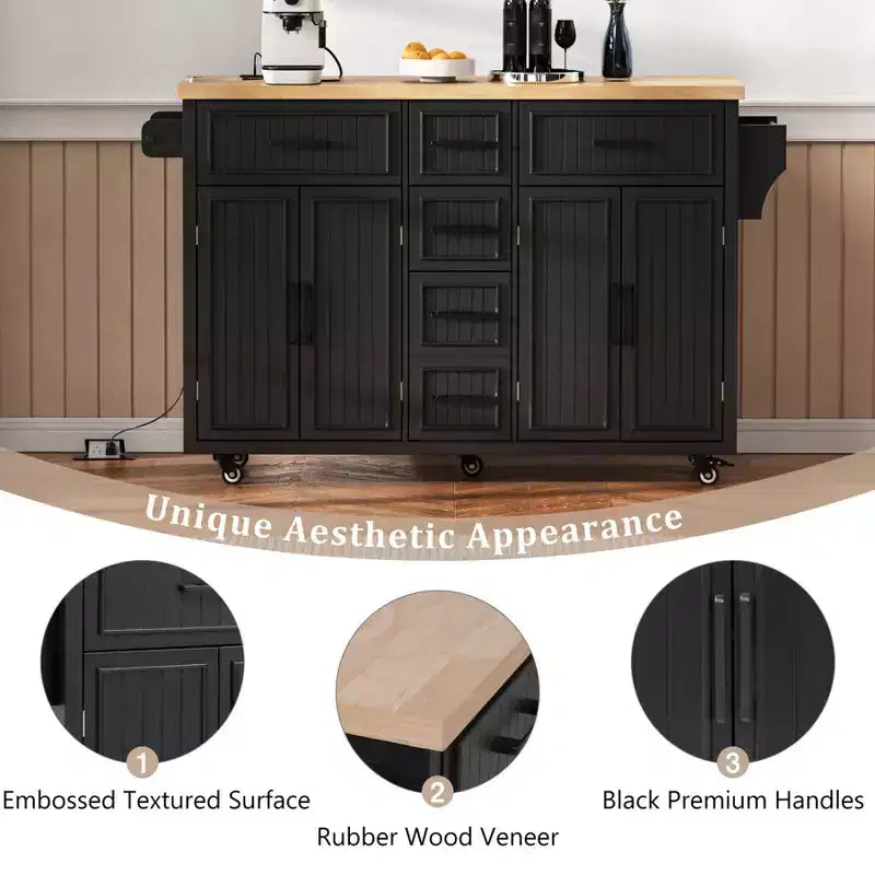 Isla de Cocina con Abatible, Carrito de Cocina Rodante con Ruedas con Puertas, Cajones y Toma de Corriente para Comedor