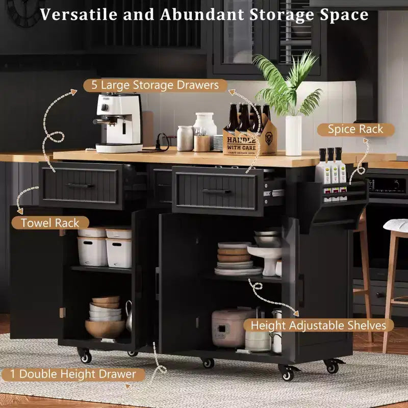 Isla de Cocina con Abatible, Carrito de Cocina Rodante con Ruedas con Puertas, Cajones y Toma de Corriente para Comedor
