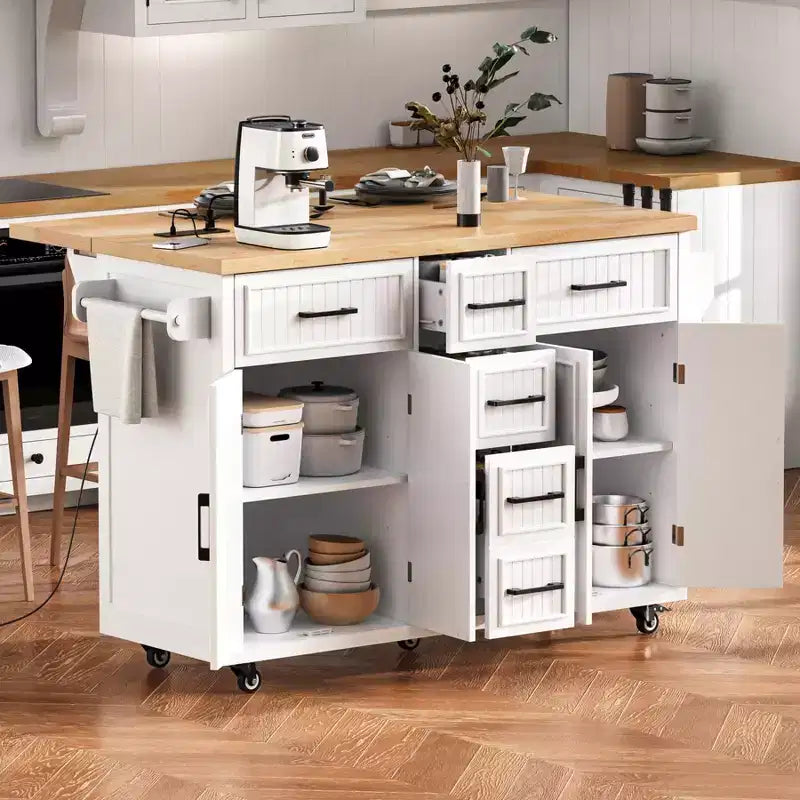 Isla de Cocina con Abatible, Carrito de Cocina Rodante con Ruedas con Puertas, Cajones y Toma de Corriente para Comedor