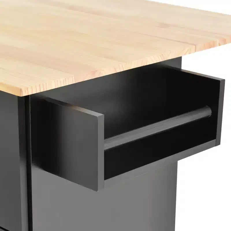 Carro de cocina con superficie de madera y barra de desayuno plegable, isla de cocina móvil con ruedas, almacenamiento y toallero