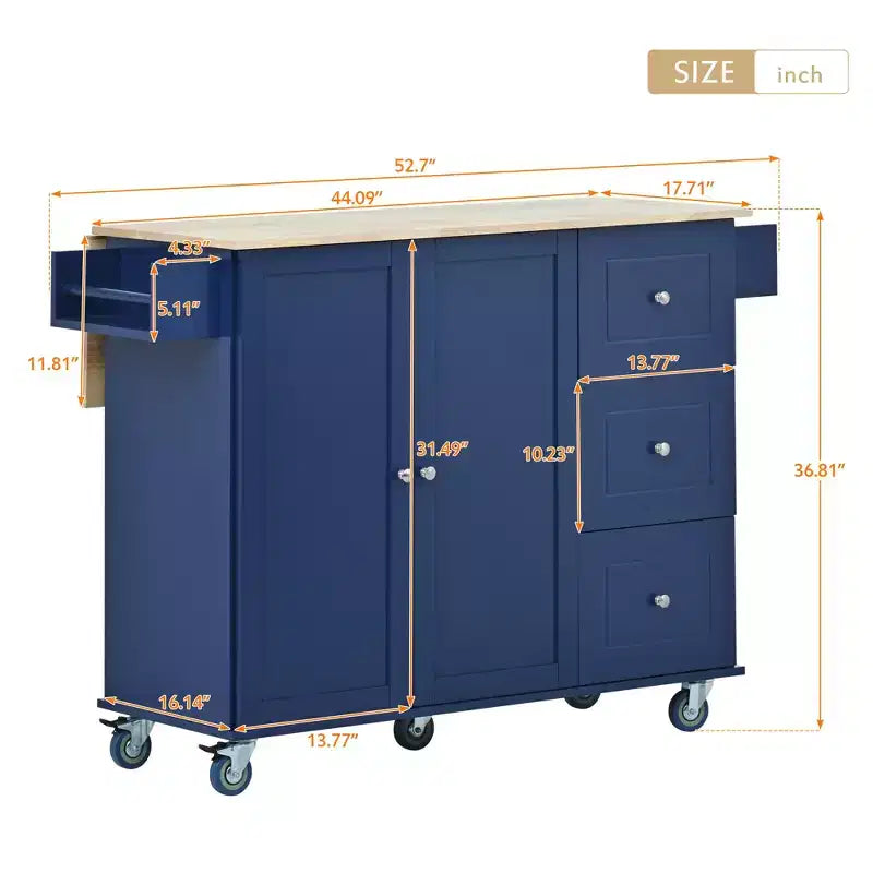 Carro de cocina con superficie de madera y barra de desayuno plegable, isla de cocina móvil con ruedas, almacenamiento y toallero