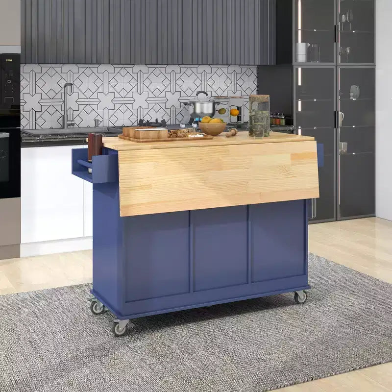 Carro de cocina con superficie de madera y barra de desayuno plegable, isla de cocina móvil con ruedas, almacenamiento y toallero