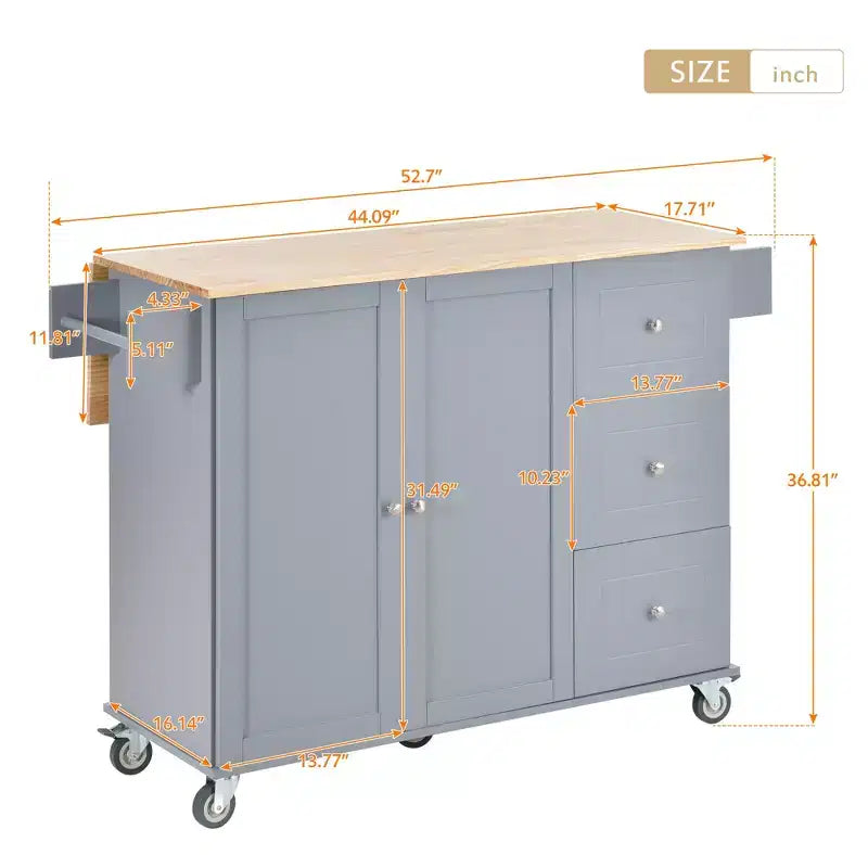 Carro de cocina con superficie de madera y barra de desayuno plegable, isla de cocina móvil con ruedas, almacenamiento y toallero