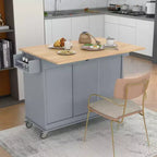 Carro de cocina con superficie de madera y barra de desayuno plegable, isla de cocina móvil con ruedas, almacenamiento y toallero