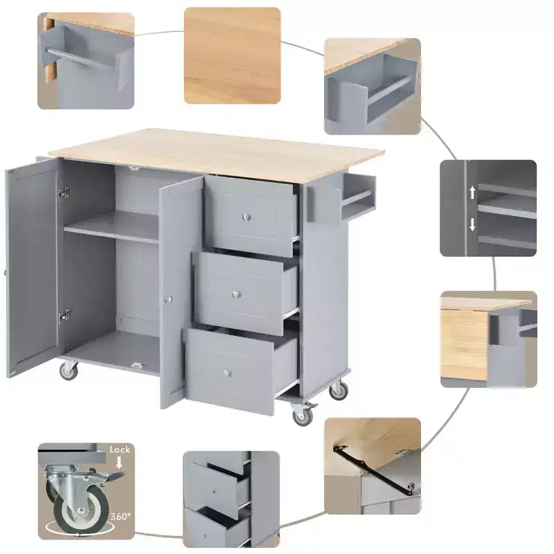 Carro de cocina con superficie de madera y barra de desayuno plegable, isla de cocina móvil con ruedas, almacenamiento y toallero