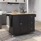 Carro de cocina con superficie de madera y barra de desayuno plegable, isla de cocina móvil con ruedas, almacenamiento y toallero