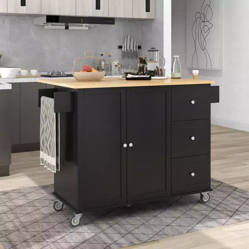 Carro de cocina con superficie de madera y barra de desayuno plegable, isla de cocina móvil con ruedas, almacenamiento y toallero