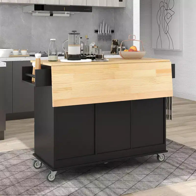 Carro de cocina con superficie de madera y barra de desayuno plegable, isla de cocina móvil con ruedas, almacenamiento y toallero