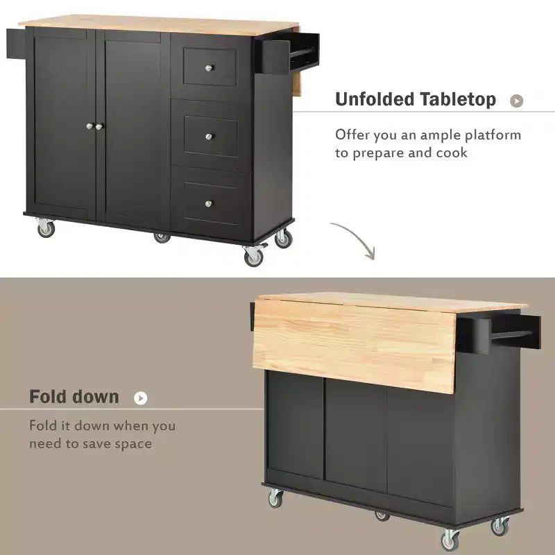 Carro de cocina con superficie de madera y barra de desayuno plegable, isla de cocina móvil con ruedas, almacenamiento y toallero