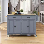 Carro de cocina con ruedas y encimera de madera maciza, ruedas con bloqueo, 137.9 cm de ancho, armario de 4 puertas y dos cajones, especiero