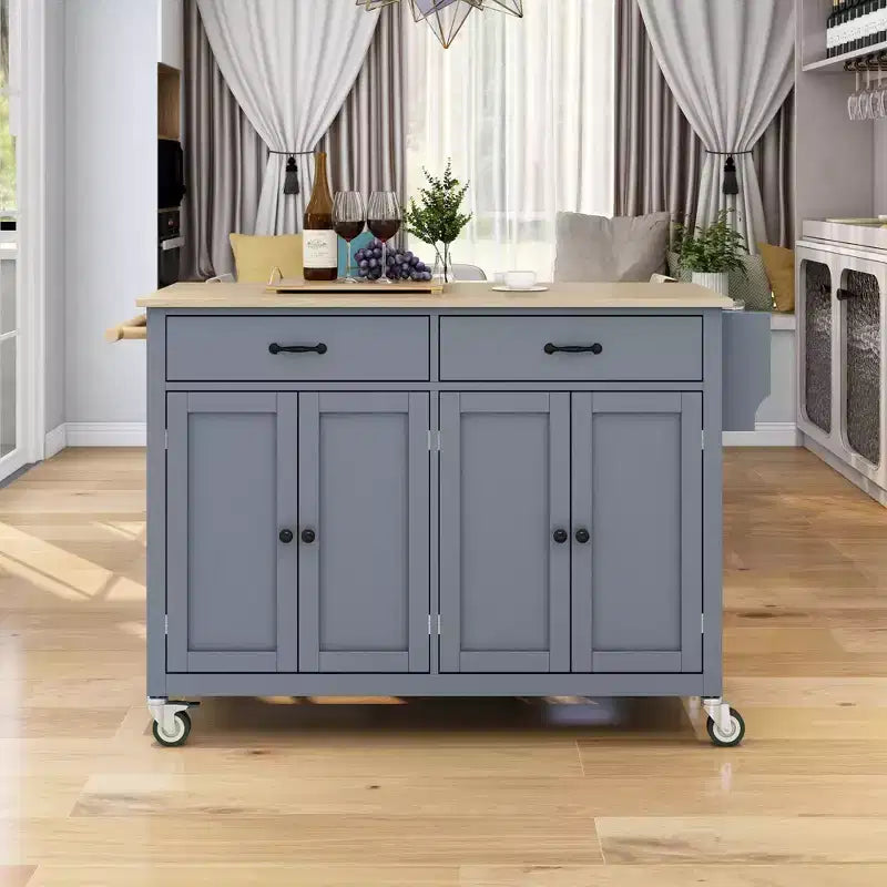 Carro de cocina con ruedas y encimera de madera maciza, ruedas con bloqueo, 137.9 cm de ancho, armario de 4 puertas y dos cajones, especiero