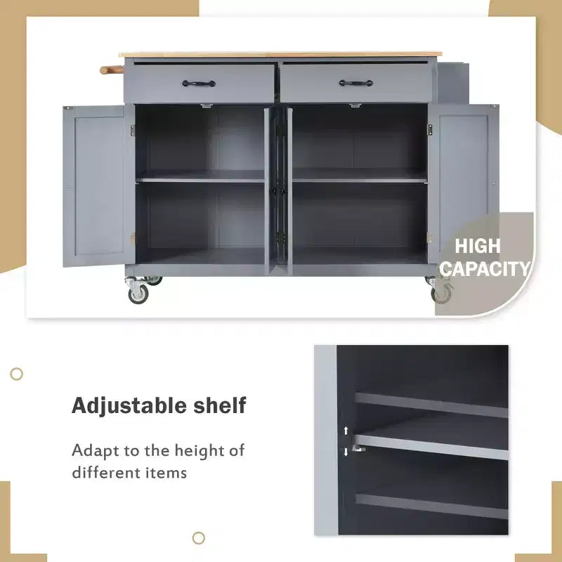 Carro de cocina con ruedas y encimera de madera maciza, ruedas con bloqueo, 137.9 cm de ancho, armario de 4 puertas y dos cajones, especiero