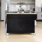 Carro de cocina con ruedas y encimera de madera maciza, ruedas con bloqueo, 137.9 cm de ancho, armario de 4 puertas y dos cajones, especiero