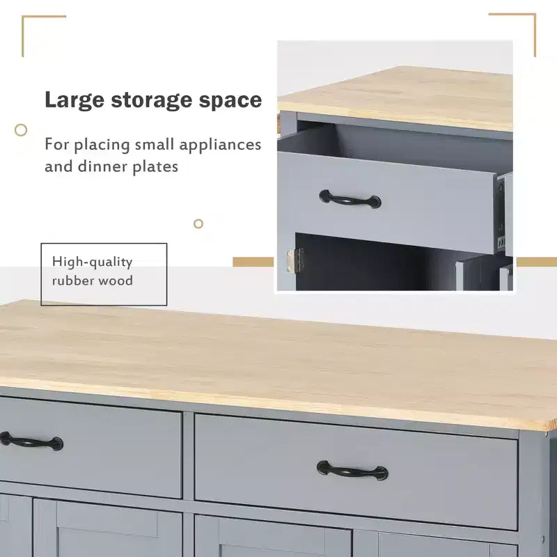 Carro de cocina con ruedas y encimera de madera maciza, ruedas con bloqueo, 137.9 cm de ancho, armario de 4 puertas y dos cajones, especiero