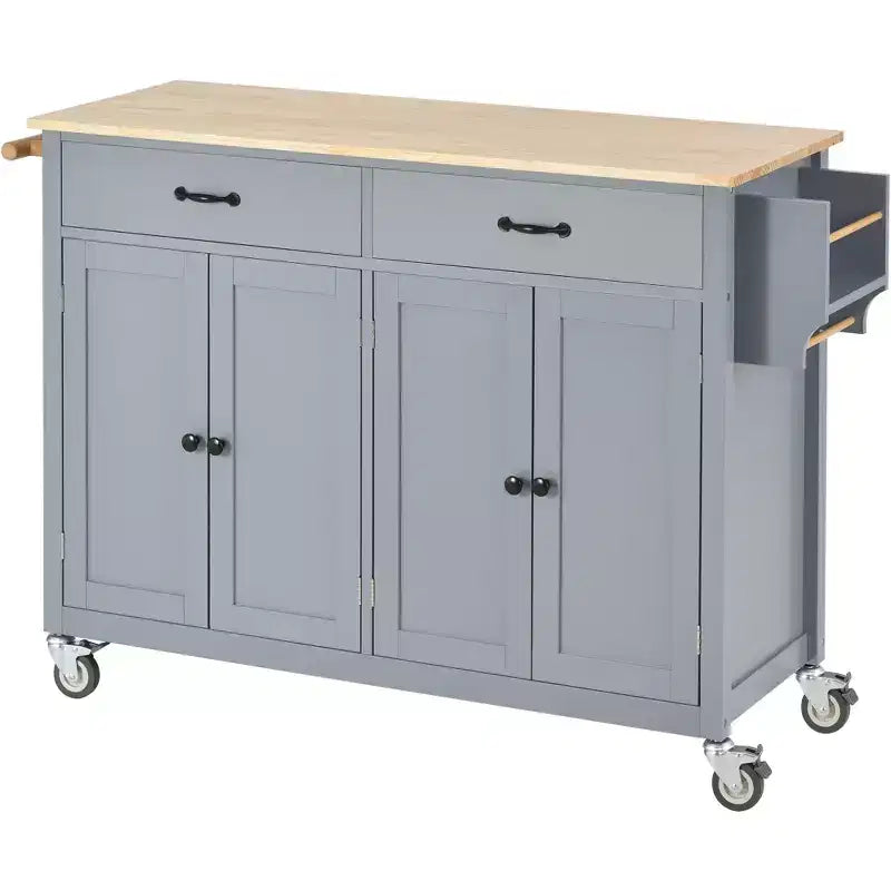 Carro de cocina con ruedas y encimera de madera maciza, ruedas con bloqueo, 137.9 cm de ancho, armario de 4 puertas y dos cajones, especiero