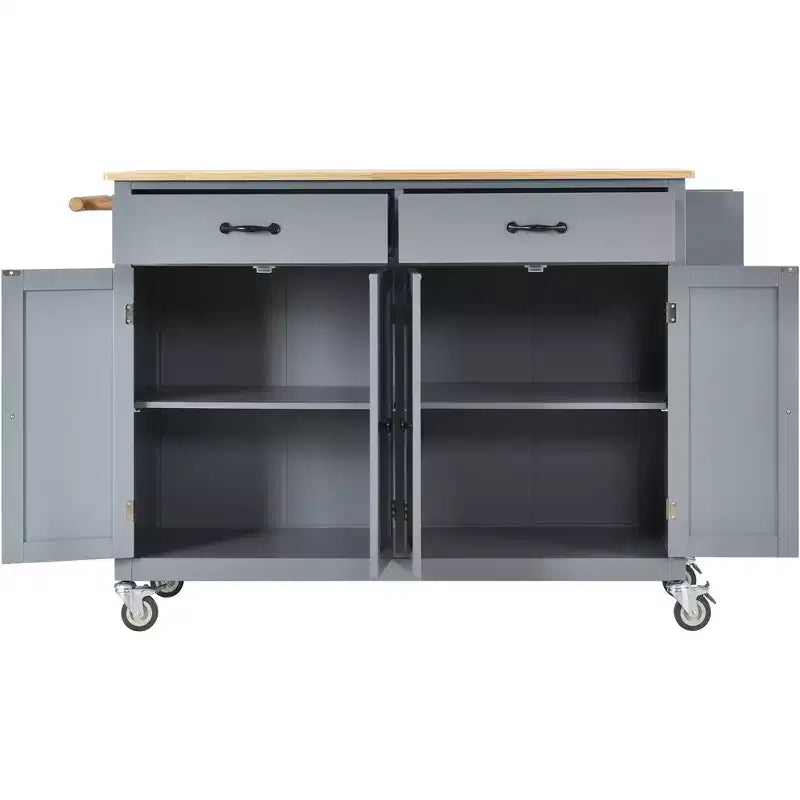 Carro de cocina con ruedas y encimera de madera maciza, ruedas con bloqueo, 137.9 cm de ancho, armario de 4 puertas y dos cajones, especiero