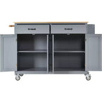 Carro de cocina con ruedas y encimera de madera maciza, ruedas con bloqueo, 137.9 cm de ancho, armario de 4 puertas y dos cajones, especiero