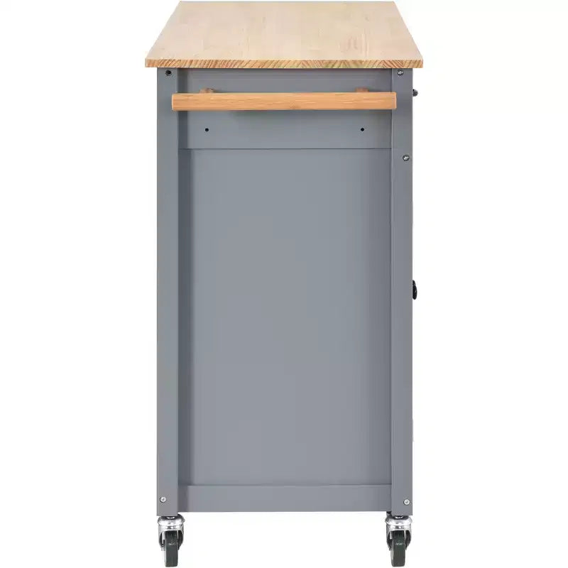 Carro de cocina con ruedas y encimera de madera maciza, ruedas con bloqueo, 137.9 cm de ancho, armario de 4 puertas y dos cajones, especiero