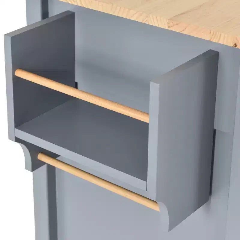 Carro de cocina con ruedas y encimera de madera maciza, ruedas con bloqueo, 137.9 cm de ancho, armario de 4 puertas y dos cajones, especiero
