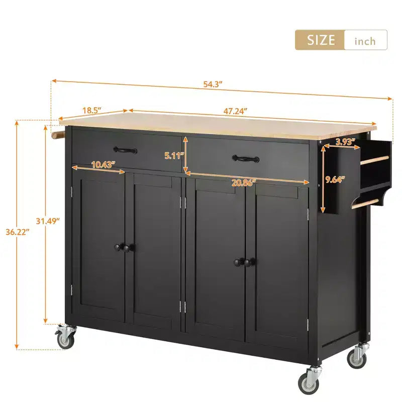 Carro de cocina con ruedas y encimera de madera maciza, ruedas con bloqueo, 137.9 cm de ancho, armario de 4 puertas y dos cajones, especiero