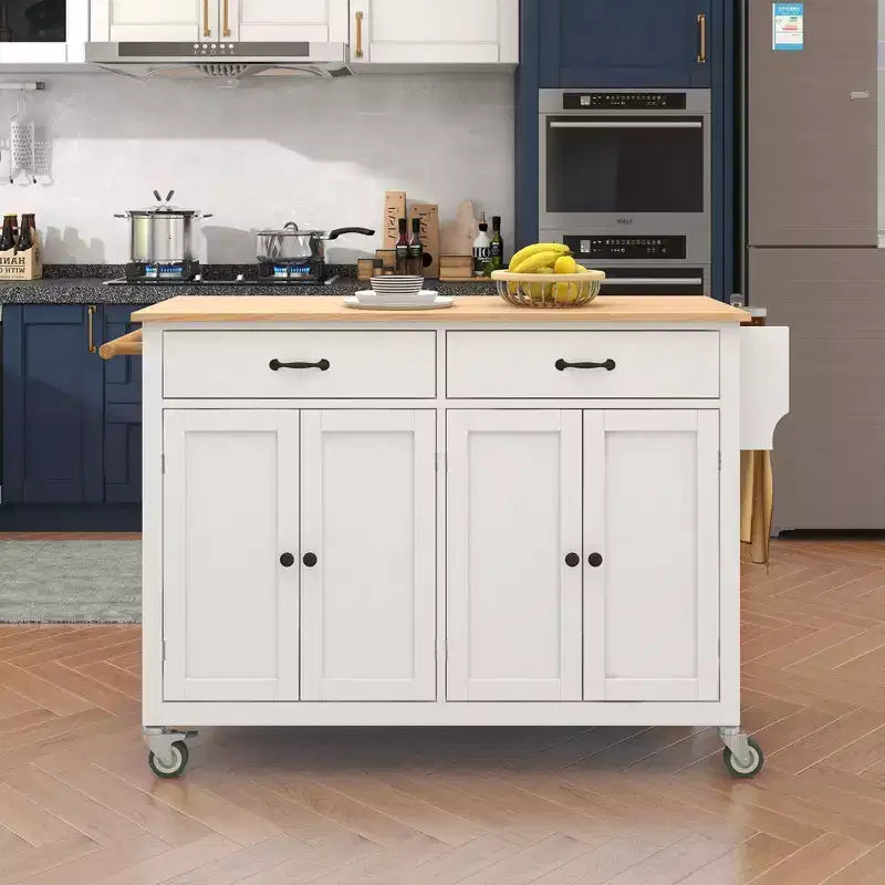 Carro de cocina con ruedas y encimera de madera maciza, ruedas con bloqueo, 137.9 cm de ancho, armario de 4 puertas y dos cajones, especiero