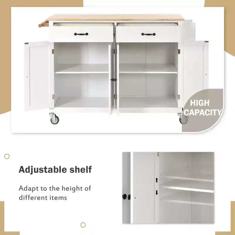 Carro de cocina con ruedas y encimera de madera maciza, ruedas con bloqueo, 137.9 cm de ancho, armario de 4 puertas y dos cajones, especiero