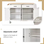 Carro de cocina con ruedas y encimera de madera maciza, ruedas con bloqueo, 137.9 cm de ancho, armario de 4 puertas y dos cajones, especiero