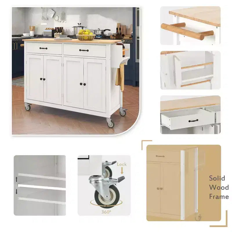 Carro de cocina con ruedas y encimera de madera maciza, ruedas con bloqueo, 137.9 cm de ancho, armario de 4 puertas y dos cajones, especiero