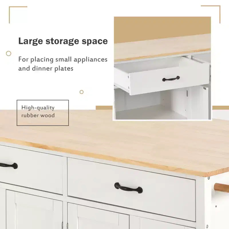 Carro de cocina con ruedas y encimera de madera maciza, ruedas con bloqueo, 137.9 cm de ancho, armario de 4 puertas y dos cajones, especiero