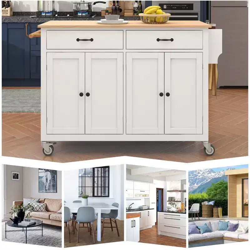 Carro de cocina con ruedas y encimera de madera maciza, ruedas con bloqueo, 137.9 cm de ancho, armario de 4 puertas y dos cajones, especiero