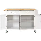 Carro de cocina con ruedas y encimera de madera maciza, ruedas con bloqueo, 137.9 cm de ancho, armario de 4 puertas y dos cajones, especiero