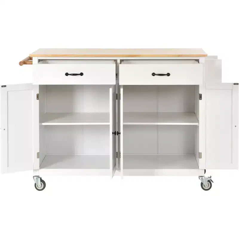 Carro de cocina con ruedas y encimera de madera maciza, ruedas con bloqueo, 137.9 cm de ancho, armario de 4 puertas y dos cajones, especiero