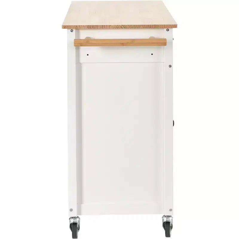 Carro de cocina con ruedas y encimera de madera maciza, ruedas con bloqueo, 137.9 cm de ancho, armario de 4 puertas y dos cajones, especiero