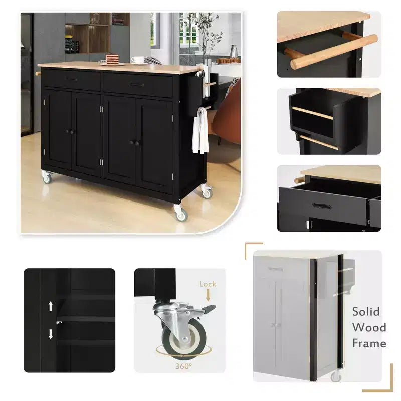 Carro de cocina con ruedas y encimera de madera maciza, ruedas con bloqueo, 137.9 cm de ancho, armario de 4 puertas y dos cajones, especiero